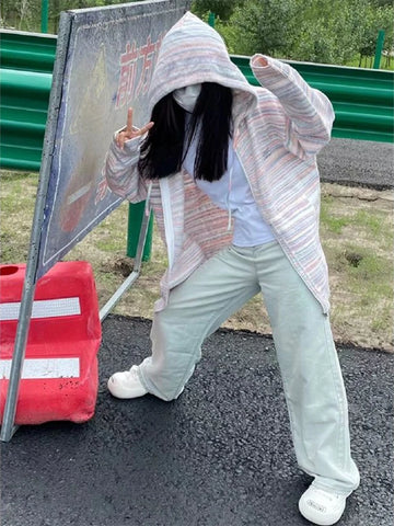 Getadme- Y2K Vintage Striped Knitted Cardigan Women Harajuku Hippie Zipper Oversized Sweater Casual Hooded Tops Coats Streetwear